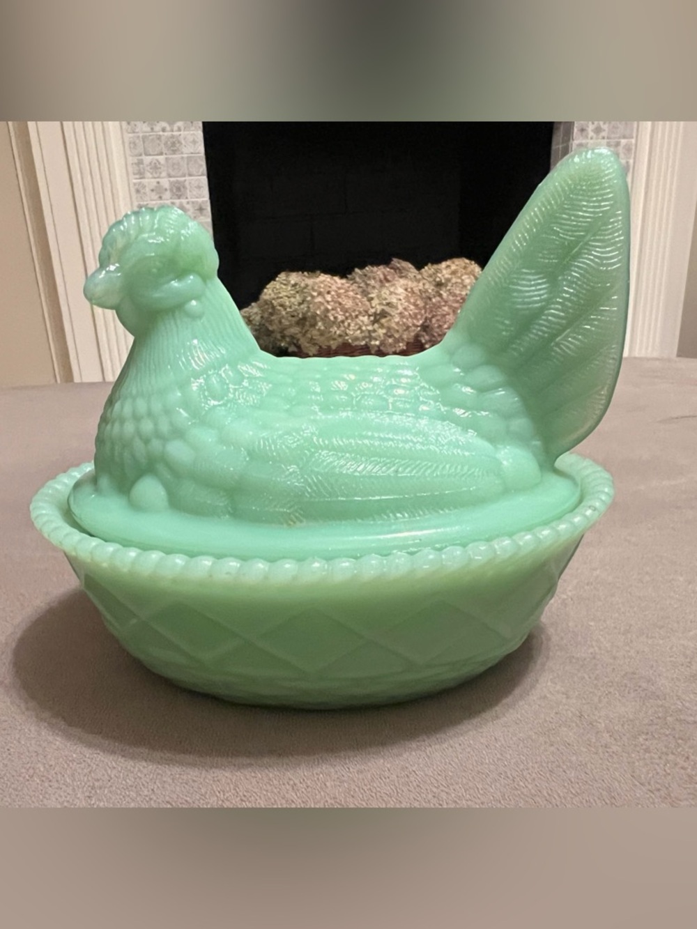 Jadite Green Glass Hen on Nest Covered Dish